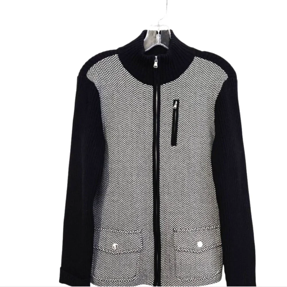 LRL Ralph Lauren Herringbone Mock Neck Ribbed Cardigan Zip Sweater